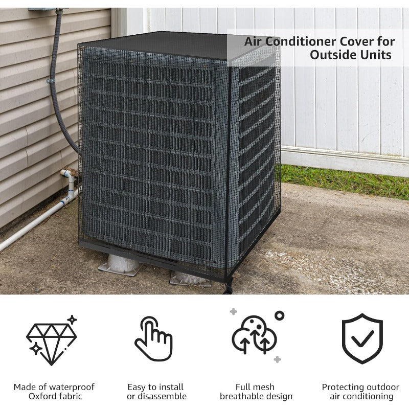 Breathable mesh cover on outdoor air conditioner unit