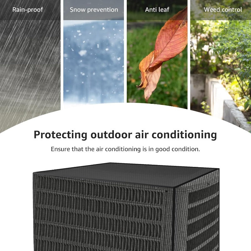 Outdoor AC cover shown for rain snow leaves and vegetation